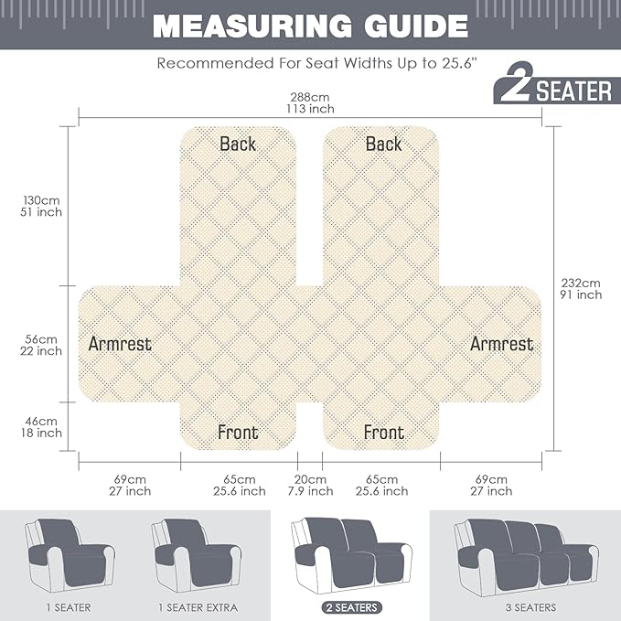 TAOCOCO Waterproof Recliner Loveseat Cover Non-Slip Sofa Slipcover, Pet Couch Cover for Loveseat Recliner with Straps, Washable Reclining Loveseat Cover Furniture Protector (2 Seater, Bluish Gray)