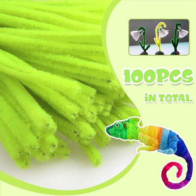 TOAOB 100pcs Pipe Cleaners Fluorescent Yellow Pipe Cleaners Chenille Stems 6mm x 12 Inch Fuzzy Sticks Crafts Supplies for DIY Art Crafts Decorations
