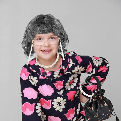 9 PCS 100 Days of School Old Lady Wig Set Include Wig Glasses Necklace Bracelet Glasses Chain Bag Cane and Stickers
