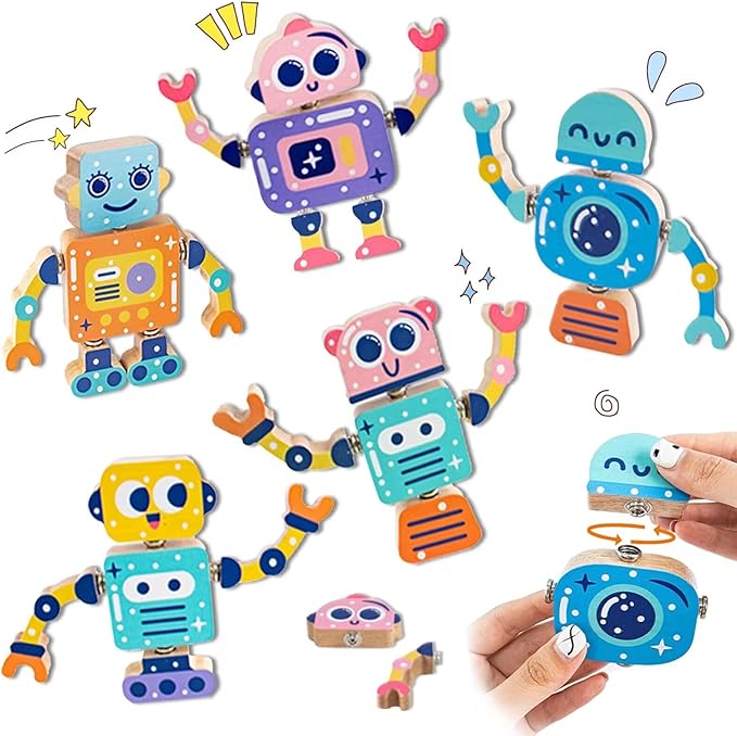 Wooden Robot Snap Building Blocks for Toddlers 1-3 4-8 2-4 Kids, 28 Psc Sets, Flexible Joint, Educational Montessori Fine Motor Skills Toys 3-4, STEM Toys, Birthday for Boys & Girls