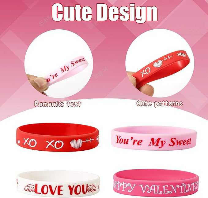 24pcs Valentine's Day Wristband Silicone, Heart Shaped And Warm Words Rubber Bracelets Valentine's Day Silicone Bracelets for Valentines Day Party Decoration Gifts