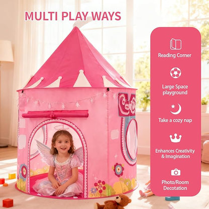 Princess Castle Play Tent for Kids, Girls' Pop-Up Play Tent with Star Lights, Indoor/Outdoor Foldable Pink Play Tent Fabulous Gift for Little Girls