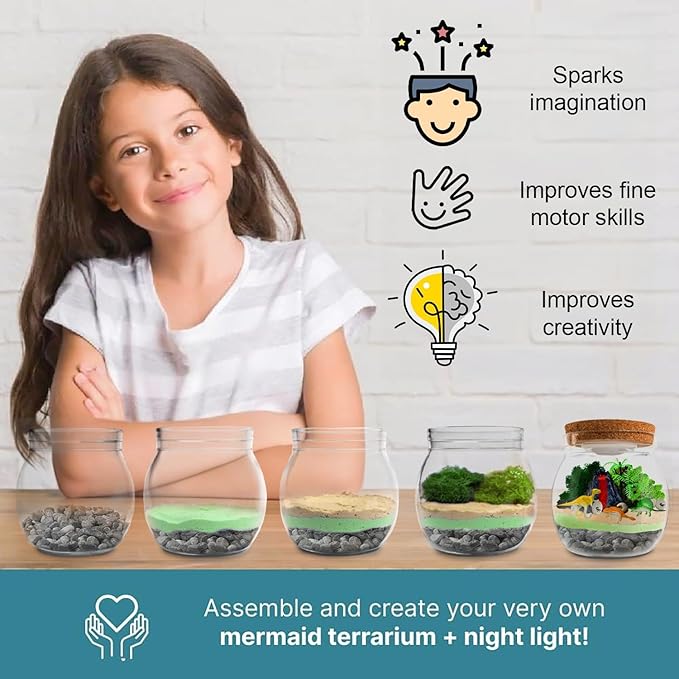 Dinosaur Light Up Terrarium Kit for Kids I Dinosaur Toys Craft Kits for Kids I Night Light for Kids Crystal Growing Kit I Terrarium Jar for Kids I Birthday Gifts for Girls Age 5-12
