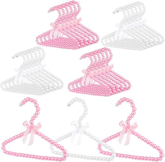 Wesiti 25 Pcs Small Pearl Hanger Mini Pearl Metal Elegant Clothes Hangers with Ribbon for Women Dog Cat (Pink,White)