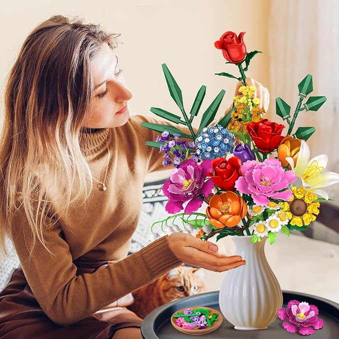 Flower Bouquet Building Set - 1000 PCS Bouquet Botanicals Collection Gift for Valentine's Day for Her and Him, 15 Artificial Flowers Building Blocks Home Plant Decor for Adults Women Birthday