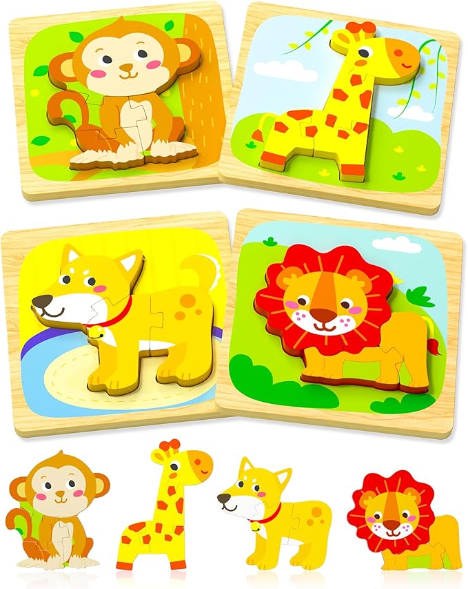Benresive Wooden Toddler Puzzles Ages 1-3, Montessori Toys for 1 2 3 Year Old Boys Girls, 4 Pack Animal Toddler Toys Gifts for 1 2 3 Year Old Boys Girls, Learning Educational Preschool Toys