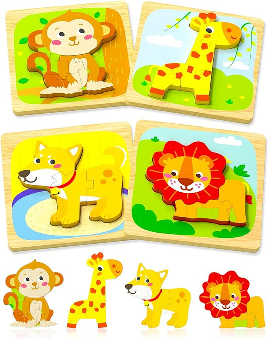 Benresive Wooden Toddler Puzzles Ages 1-3, Montessori Toys for 1 2 3 Year Old Boys Girls, 4 Pack Animal Toddler Toys Gifts for 1 2 3 Year Old Boys Girls, Learning Educational Preschool Toys