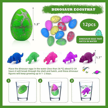 144Pcs Dinosaur Party Favors for 12 Kid, Dino Birthday Party Favors Include Dinosaur Bubble Wands Hatching Eggs Bags Art Kit Silicone Rings Bracelets Stickers for Dinosaur Birthday Party Supplies