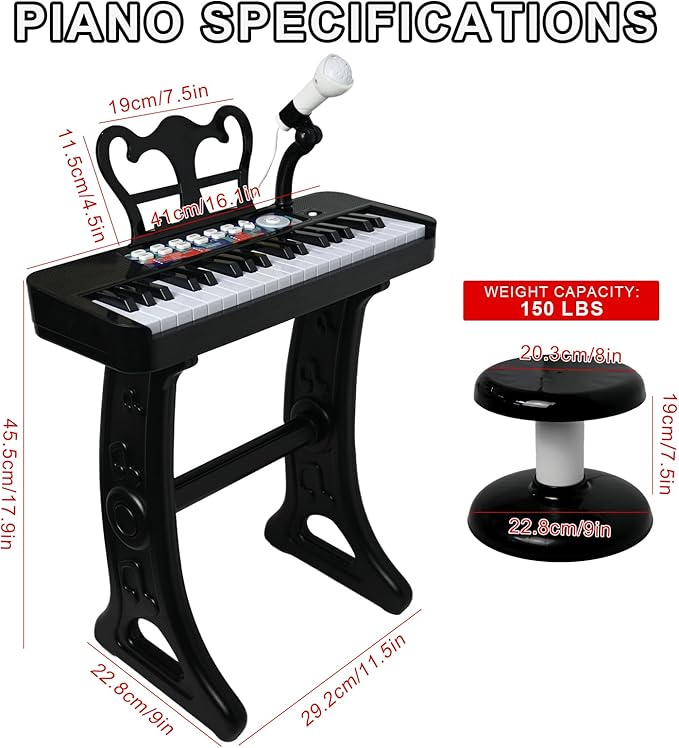 Love&Mini Piano Toy for Kids - 37 Keys Piano Keyboard Toy with Stool and Microphone, Black Electronic Musical Instrument Birthday Gift for Kids 3 4 5 6 7 8 Years Old Boys and Girls