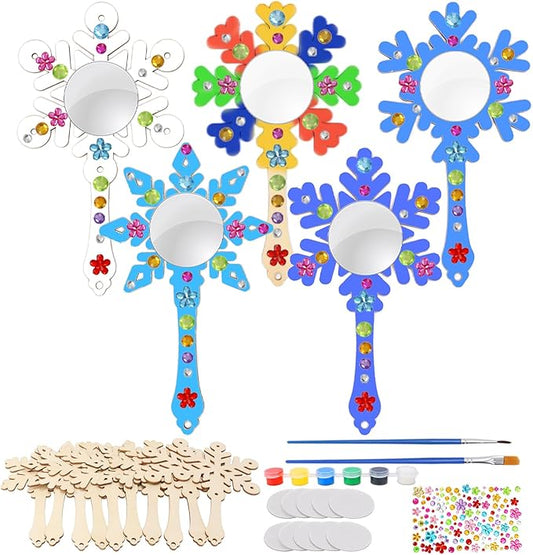 Fennoral 10 Pack Wooden Mirror Craft for Kids Decorate You Own Snowflake Mirrors for Girls DIY Paint Snowflake Crafts Wooden Hand Mirror for Art Activities Birthday Winter Christmas Gifts