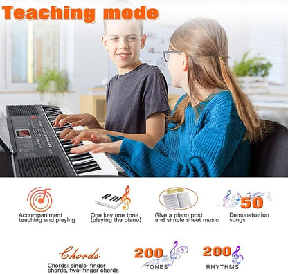 AQNIEGEP 61 Key Electric Keyboard Piano for Beginners w/Light-Up Keys, Gifts, Full Set: Stand, Bench, Headphones, Padded Bag, Note Stickers, 70 Demos, 200 Rhythms/Tones, LED Display