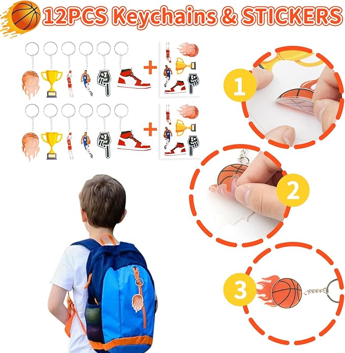 Basketball Party Favors Birthday Supplies 72pcs Buck Keychains Silicone Bracelets Punch Balloons Finger Lights Stickers Stamp Scratch Art Set For Kids Pinata Stuffer Boys Girls