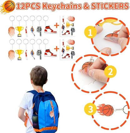 Basketball Party Favors Birthday Supplies 72pcs Buck Keychains Silicone Bracelets Punch Balloons Finger Lights Stickers Stamp Scratch Art Set For Kids Pinata Stuffer Boys Girls