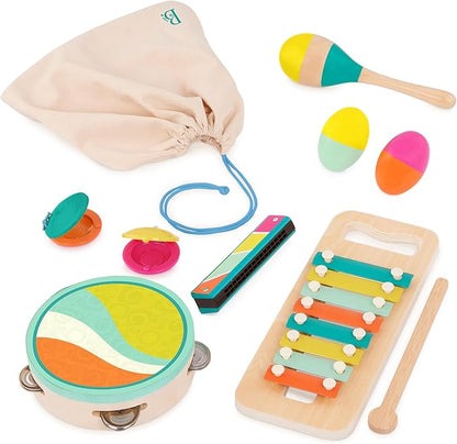 B. toys – Make a Melody – 9 Pieces Wooden Musical Instruments – Xylophone, Tambourine, Harmonica – Drawstring Storage Bag – 2+ Years