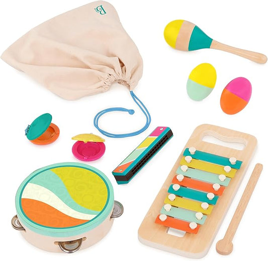 B. toys – Make a Melody – 9 Pieces Wooden Musical Instruments – Xylophone, Tambourine, Harmonica – Drawstring Storage Bag – 2+ Years