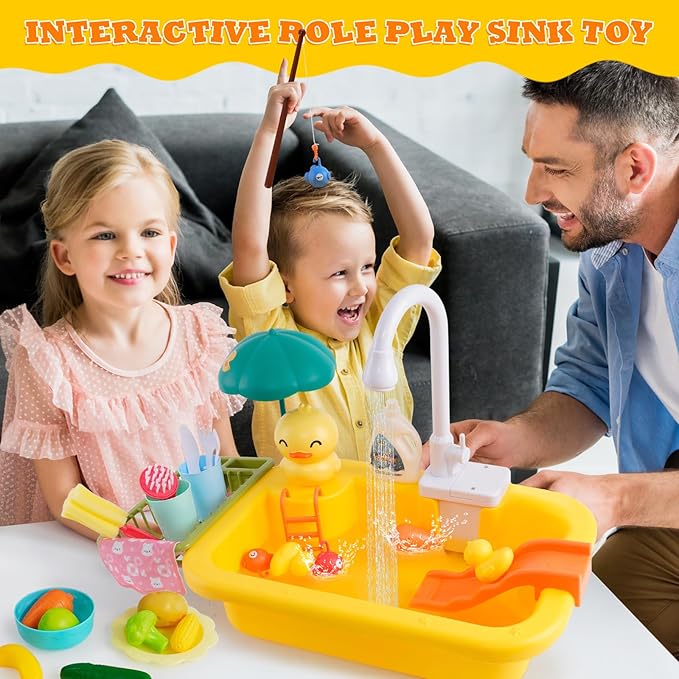 Play Sink with Running Water, Kitchen Sink Toys Play Kitchen Toy with Fake Food & Kitchenware, Pool Floating Fishing Toys for Water Play, Kids Role Play Dishwasher Toy (Duck Sink)