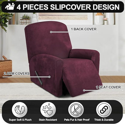 FestiCorp Recliner Chair Covers Real Velvet 4-Pieces Recliner Covers for Small Lazy Boy Recliner Chair Stretch Recliner Sofa Slipcovers Furniture Protector with Side Pocket & Elastic Bottom, Burgundy
