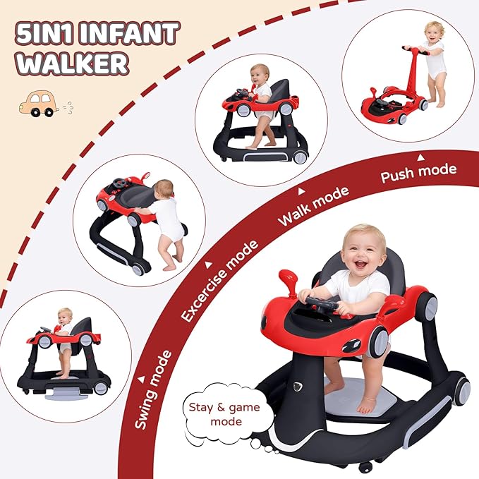 Baby Walker with Wheels, 5-in-1 Foldable Infant Toddler Walker for Boys Girls 6-18 Month, Music Walker for Baby with Car Steering Wheel &Removable Footrest,Baby Push Walker in Red and Black