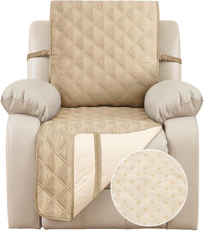 TOMORO Non-Slip Oversized Recliner Sofa Cover - 100% Waterproof Recliner Chair Slipcover Furniture Protector, Washable Couch Cover with Elastic Straps for Dog and Kids, Beige, 30 Inch Middle
