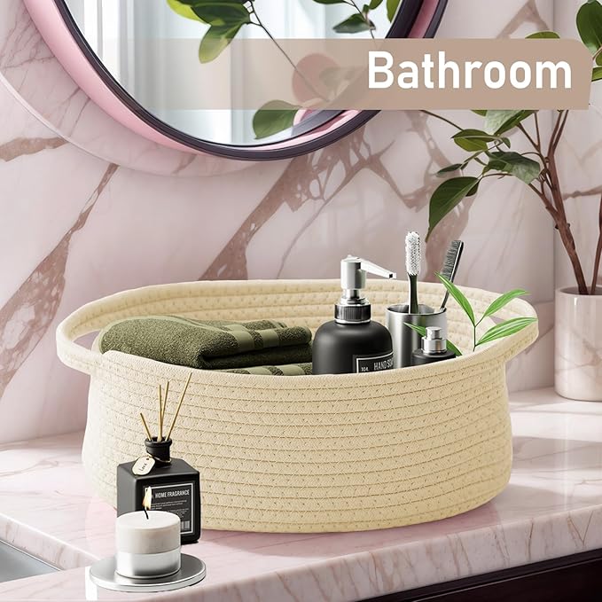 JMvicyroam Woven Basket,Small Rope Storage Bin with Handles & Ribbon Bag, Organizer for Shelves Closets,Gift Basket Empty for Birthday,Books,Dog Toys,Beige/2 Pack