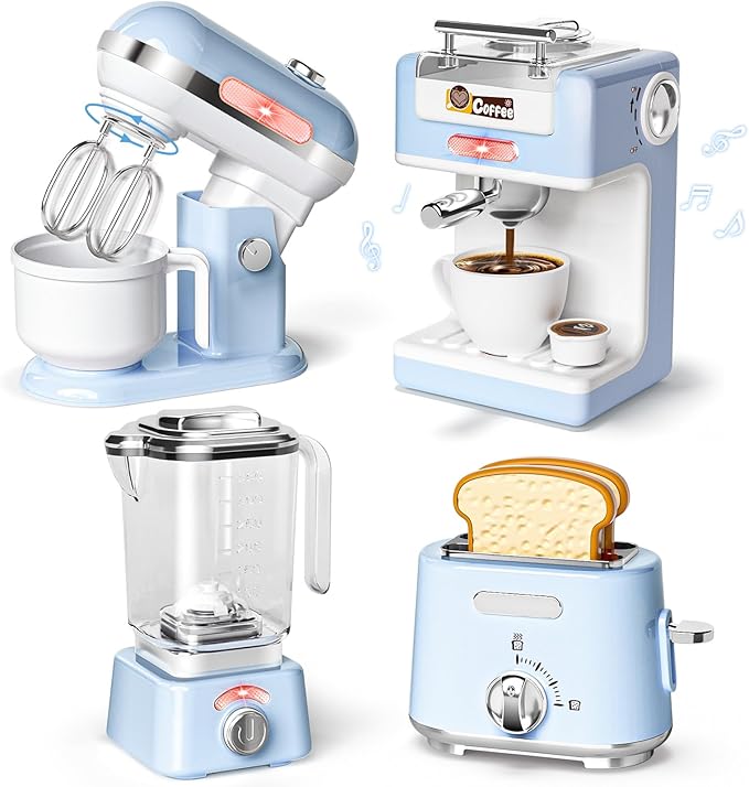 Pretend Play Kitchen Appliances Toy Set with Realistic Coffee Maker Machine, Toaster, Mixer and Blender, Kids Kitchen Playset with Sound & Light for Kids Age 3–5 4-8