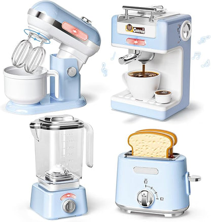 Pretend Play Kitchen Appliances Toy Set with Realistic Coffee Maker Machine, Toaster, Mixer and Blender, Kids Kitchen Playset with Sound & Light for Kids Age 3–5 4-8