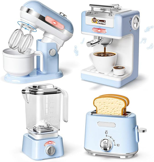 Pretend Play Kitchen Appliances Toy Set with Realistic Coffee Maker Machine, Toaster, Mixer and Blender, Kids Kitchen Playset with Sound & Light for Kids Age 3–5 4-8