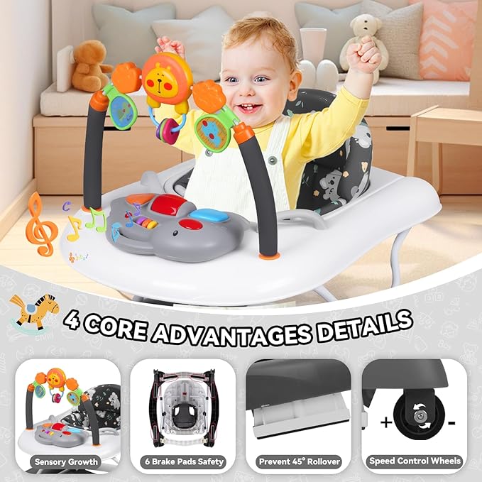 Baby Walker, 5 in 1 Baby Walkers for Boys Girls 6-12 Months, Foldable Walkers for Babies with Bouncer & Feeding Tray, Music, Adjustable Heights, Activity Walker for Infant