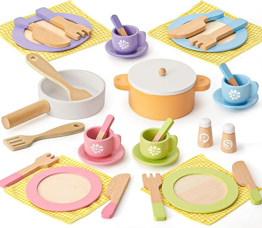 Toyssa 34 PCS Wooden Play Dishes and Plates Kitchen Set Toys for Toddler, Kids Play Kitchen Accessories with Pan & Tableware, Montessori Pretend Cooking Set Birthday Gifts for 3 4 5 6 Years Girls Boys
