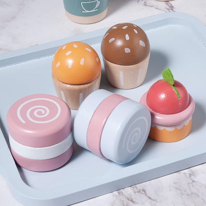 21pcs Wooden Breakfast Set Kids Pretend Play Toy Kitchen Accessories, Toddler Kitchen Playset with Coffee, Dessert, Cutting Bread, Butter, Wooden Toy Food Set Boys & Girls Birthday Gift