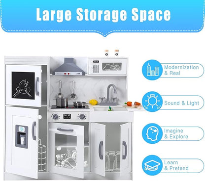 Play Kitchen for Kids, Wooden Play Kitchen with Toy Storage System, Toy Kitchen Set with Plenty of Play Features, Gift for Ages 3+,White