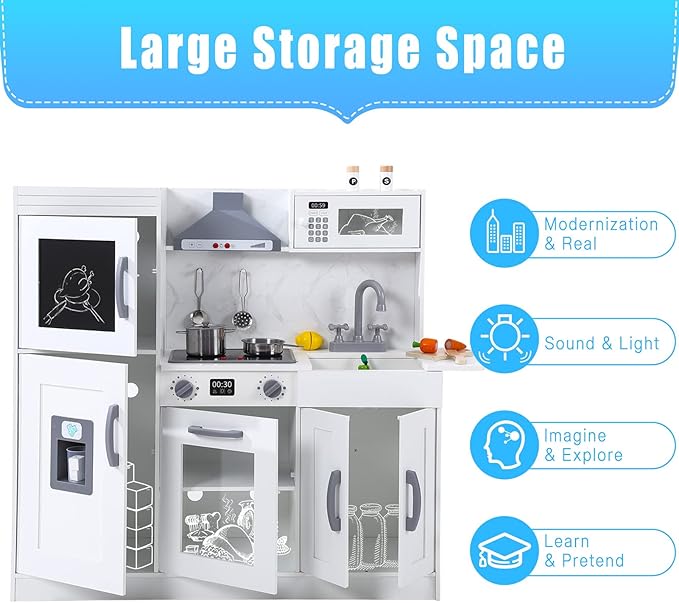 Play Kitchen for Kids, Wooden Play Kitchen with Toy Storage System, Toy Kitchen Set with Plenty of Play Features, Gift for Ages 3+,White