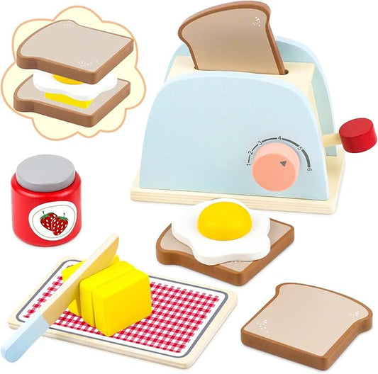 Airlab Play Kitchen Accessories Toddlers 1-3 Wooden Pop-up Toaster Toy Play Food Kids Age 1 2 3, Bread, Butter, Poached Egg Cutting Pretend Toys for 2-4 Year Old Toddlers Boys Girls