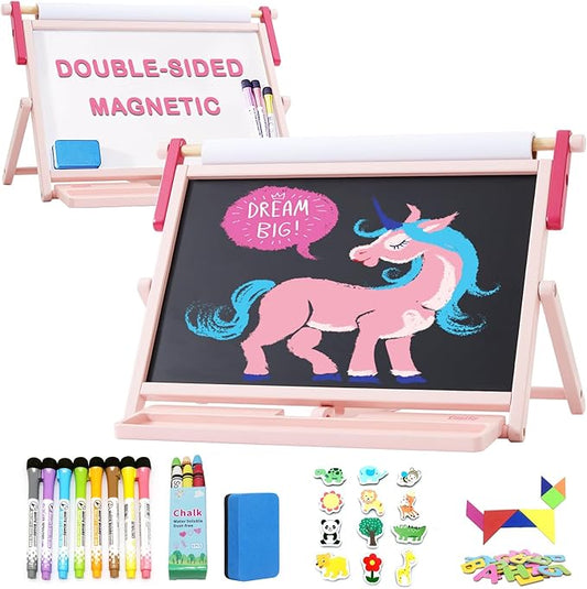 FUNLIO Anti-Warping Tabletop Easel for Kids Ages 3+ (100+ Pcs), Kids Easel with Whiteboard, Chalkboard & Paper Roll, Wooden Double-Sided Magnetic Table Easel with 3 Adjustable Angles, Foldable - Pink