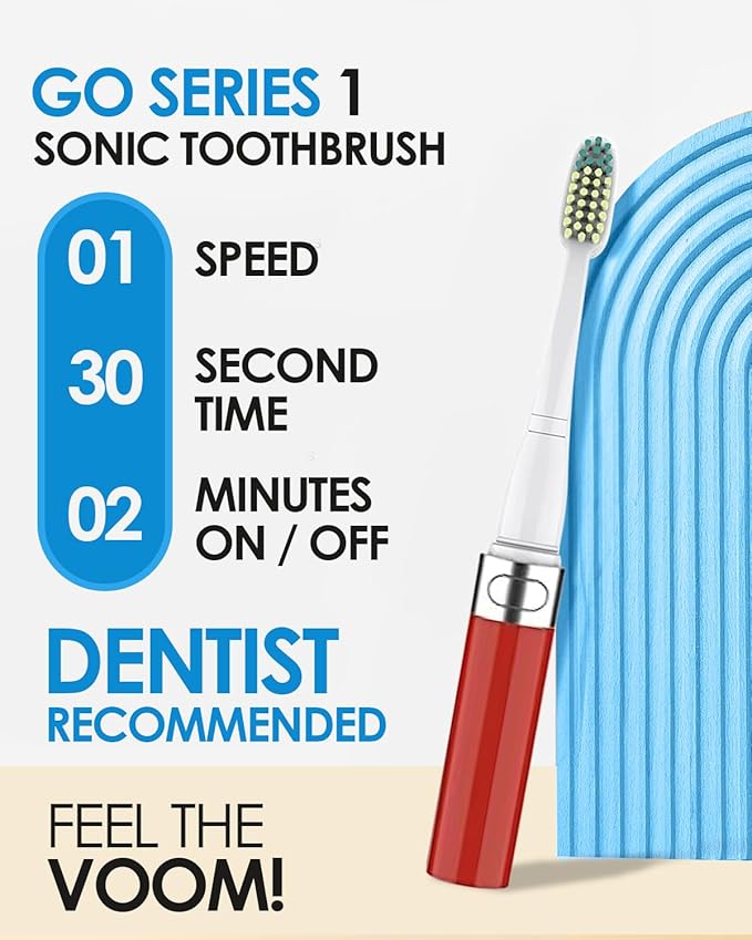 Voom Sonic Go 1 Series Travel Electric Toothbrush Travel Toothbrushes - Battery Operated Toothbrush for Adults & Kids, Dentist Recommended Toothbrush, Portable with 2 Minute Timer (Metallic Red)