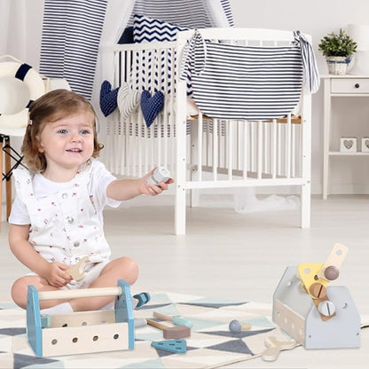 Montessori Wooden Tools Toddler Educational Construction Kids Toys Sets Play Box Preschool Play Tool（Blue）