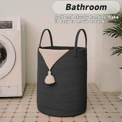 JMvicyroam Large Woven Laundry Basket Hamper,60L Cotton Rope Storage Bin for Blankets,Toys and Clothes,Decorative Tall Nursery Hamper for Living Room,Baby Nursery,Bathroom and Bedroom,Black