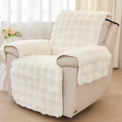 vctops Faux Fur Fluffy Recliner Chair Slipcover Faux Rabbit Fur Non Slip Sofa Cover Super Soft Plush Thick Couch Cover Furniture Protector with Elastic Straps for Kids, Dogs, Pets(Cream,24")