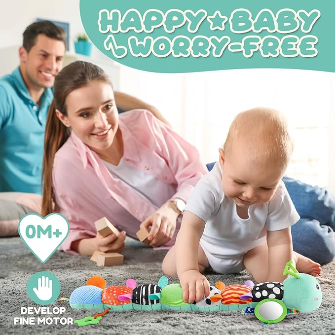 AWOTOY Baby Toys 0-6-12 Months,Musical Caterpillar Stuffed Animals Activity Infant Toys with Crinkle,Rattles,Mirror&Pull String,Muti-Sensory Toys Gifts for Newborn Tummy Time,Mint Blue|Leafy