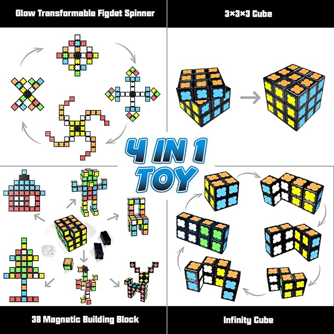 Magnetic Fidget Spinner Mini-38 Blocks, Glow Magnet Cube & Transformable Fidget Spinner & Infinity Cube & 3x3x3 Cube-4 in 1 Toy, STEM Building Tiles Stress Relief Sensory Gift for Kid Boy Girl Adult