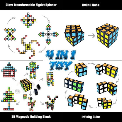 Magnetic Fidget Spinner Mini-38 Blocks, Glow Magnet Cube & Transformable Fidget Spinner & Infinity Cube & 3x3x3 Cube-4 in 1 Toy, STEM Building Tiles Stress Relief Sensory Gift for Kid Boy Girl Adult