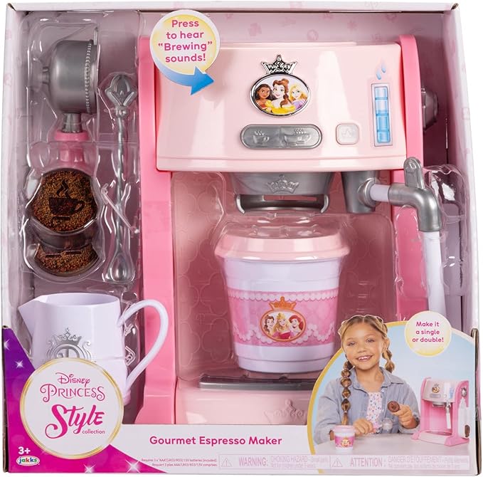 Disney Princess Style Collection Toy Espresso Machine for Kids, Coffee Maker Play Kitchen Accessories Gift for Girls & Kids