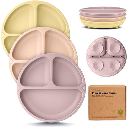 KeaBabies Suction Plates for Baby, Toddler - 3-Pack 100% Silicone Toddler Plates, Divided Baby Plates with Suction, Silicone Plates for Baby, Kids, BPA-Free, Microwave, Dishwasher Safe (Dusk)