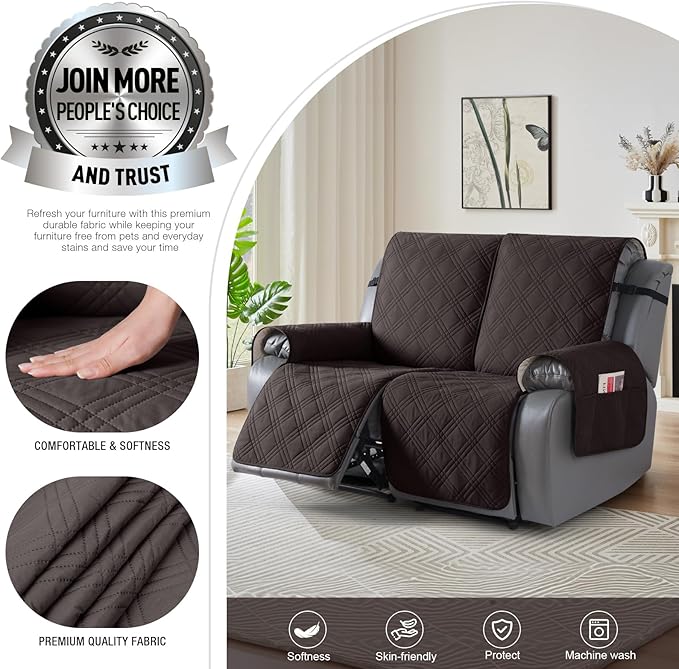 TAOCOCO 100% Waterproof Loveseat Recliner Cover, Non Slip Split Loveseat Covers for Reclining Loveseat with Elastic Straps, Washable Recliner Chair/Furniture Protector for Kids Pets(2 Seater, Coffee)