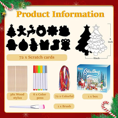 Garma 72Pcs Christmas Crafts Scratch Art for Kids, Rainbow Scratch Paper Christmas Ornaments Crafts Christmas Party Favors Toys Xmas Tree Ornaments Hanging Craft Art Kits