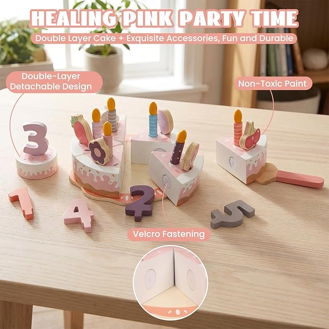 Pretend Play Food for Toddlers 2-5, Wooden Birthday Fake Cake with Candles and Numbers,Tea Party Learning Kitchen Gift Toys for Boys Girls (Pink Cake)