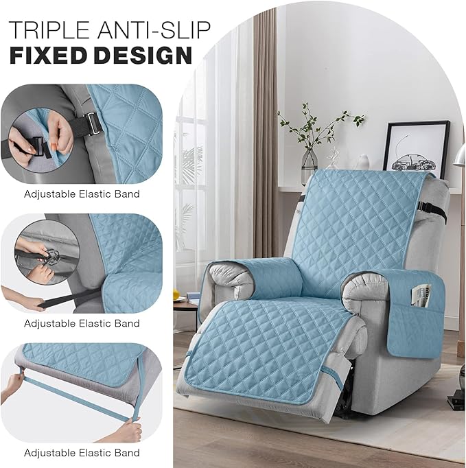 TAOCOCO Waterproof Recliner Chair Cover Sofa Slipcover, Pet Cover for Small Recliner Chair with Elastic Straps, Washable Reclining Chair Cover Recliner Furniture Protector (23'' Small, Sky Blue)