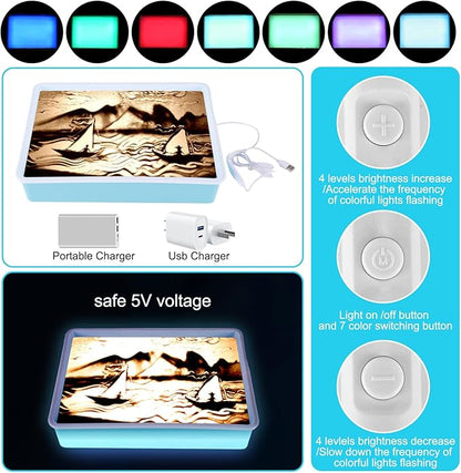 Kids Light Table Sand Painting Light Box Sand Drawing Toys Drawing Art Kits with Adjustable LED Lights in 7 Colors Sand Table (Blue)