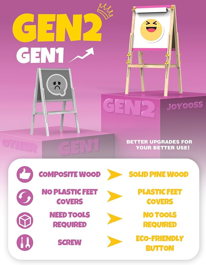 JOYOOSS Easel for Kids Art Easel Kids Easels for Toddlers Easel for 2 Year Old, Dual-Sided Adjustable Wooden Easel Magnetic Board for Kids Easel for Toddlers 2-4 Years and Art Easel for Kids Ages 4-8