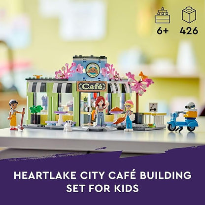 LEGO Friends Heartlake City Café Shop Toy for Kids, Bakery Building Set, Birthday Gift Idea for Girls and Boys Ages 6 Years and Up with 3 Mini Dolls and a Dog Toy Figure, 42618